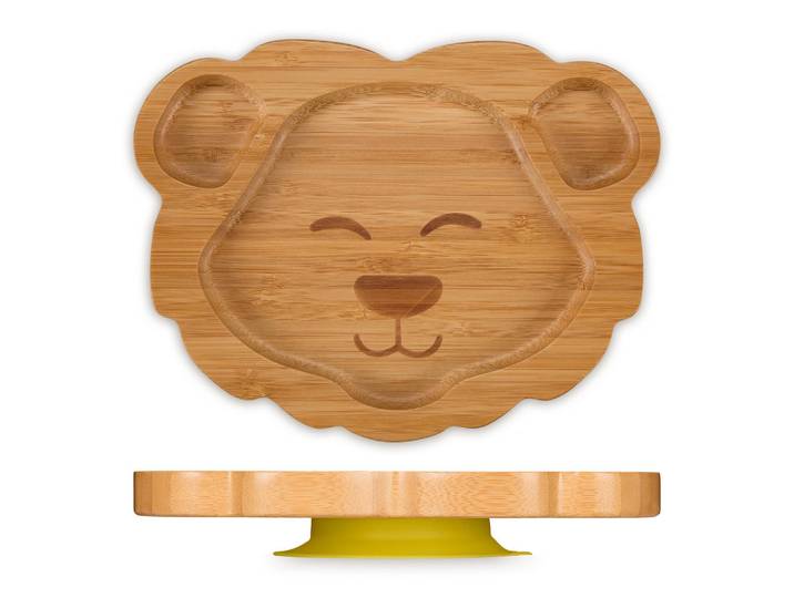 Relaxdays Babyteller Natur Bambus Saugnapf Löwe 3-Fach, Hellbraun, Holz, Kunststoff, 23.5x3x18 cm, Füttern, Kindergeschirr & Kinderbesteck