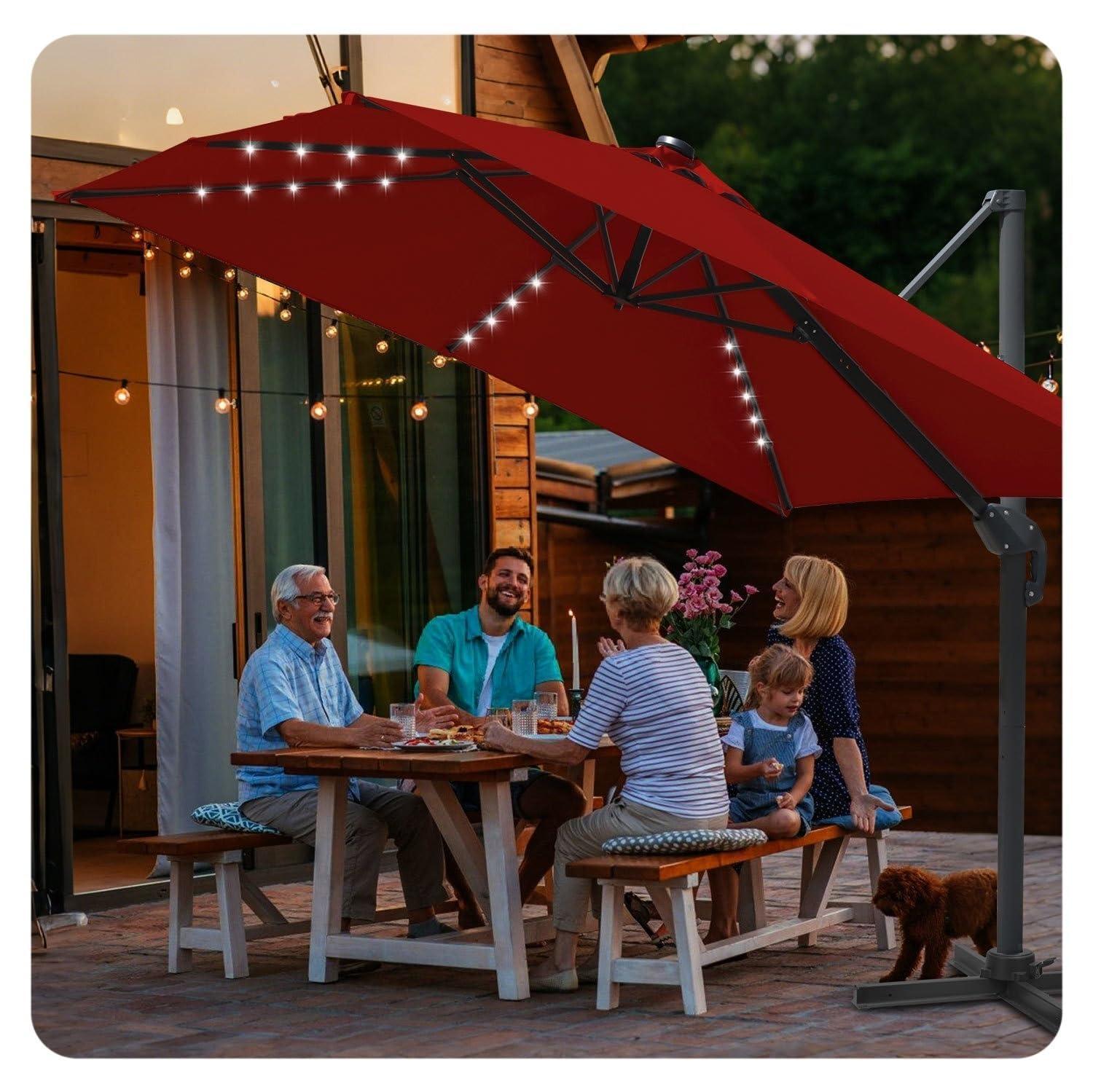 Drehbarer Ampelschirm 300x300 cm Rot mit Solar-LED-Beleuchtung und UV50+ Schutz