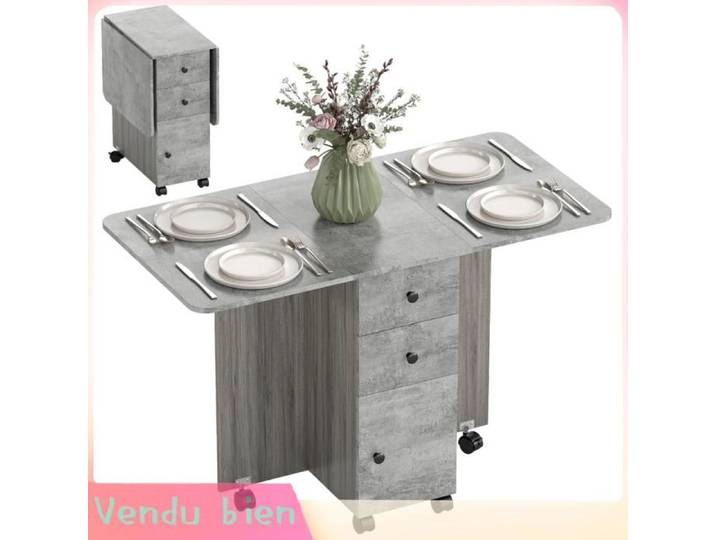 LIA Table cuisine pliable 2 rabats 2 tiroirs 1 placard étagère gris 120x60x76 5cm