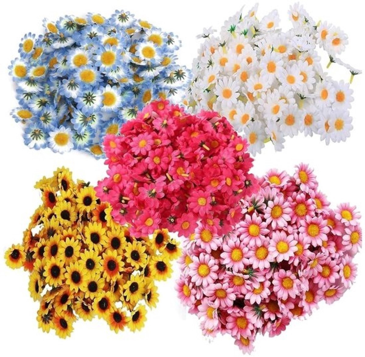 Dailygoods Set van 200 Kleurrijke Kunstbloemen - Madeliefjes Zijden Bloemen voor Decoratie, Bruiloft & Feesten