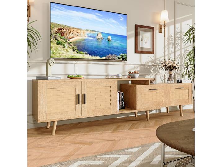 Meuble TV pour Salon en Bois, Meuble Télé avec Rangement Longueur Réglable Table de Télévision Meuble de Rangement avec Titoir