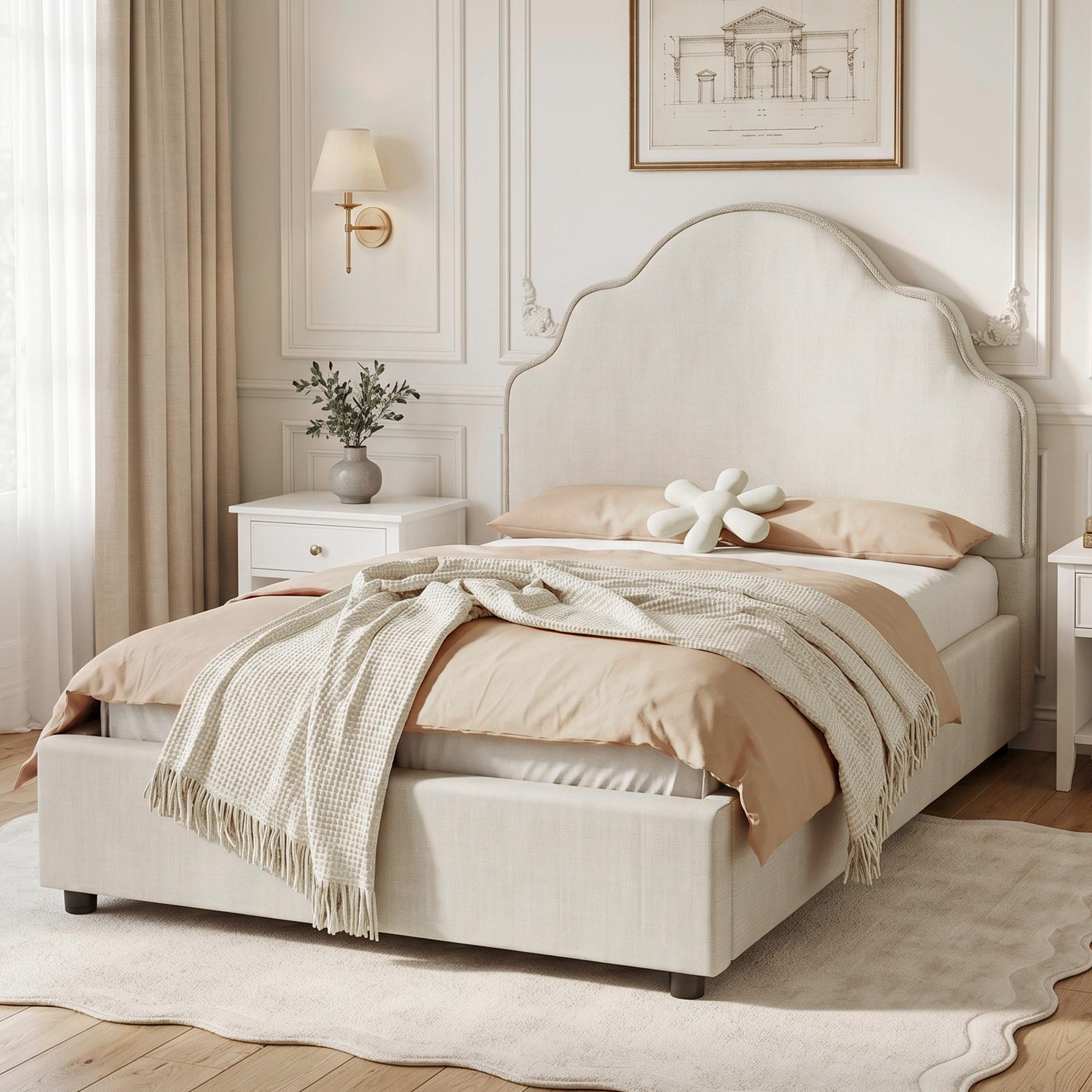 MODFU Kinderbett 90 x 200 mit Matratze und gepolstertes Kopfteil,Polsterbett mit Abgerundete,Leinen,Beige