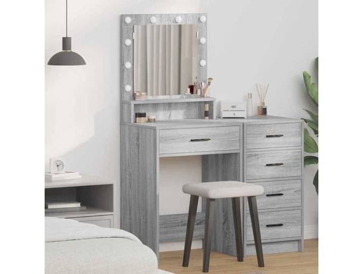 Coiffeuse - - Sonoma gris - Bois d'ingénierie - LED intégrées - Miroir plan