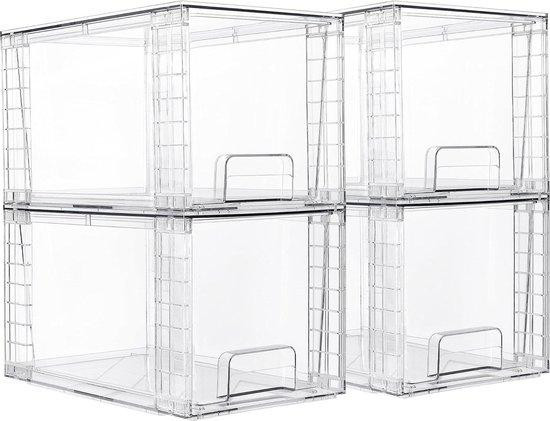 Set van 4 stapelbare transparante opbergladen van plastic voor in de keuken of badkamer