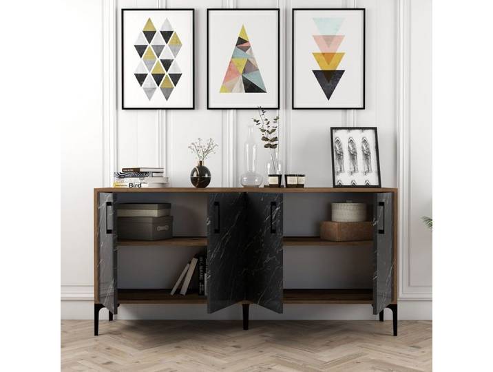 Bahut Sinopoli Dmora Bois Noir Marbre 160x35x78h cm