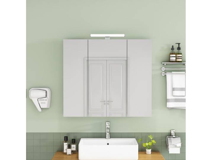 ELVORIN Meuble miroir de salle de bain 80 cm 3 portes LED prise française blanc