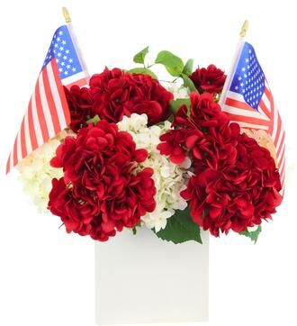 Creative Labs Hydrangea Arrangement with Flags in Ceramic Pot