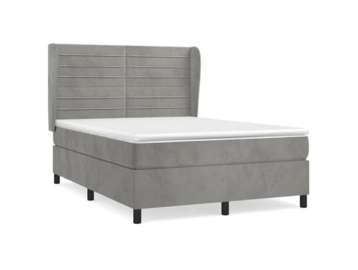 PUGYNBK Boxspringbett aus Samt, Hellgrau, 140 x 190 cm Verstellbares Kopfteil, Taschenfederkernmatratze, mittlere Härte, Matratzenschoner