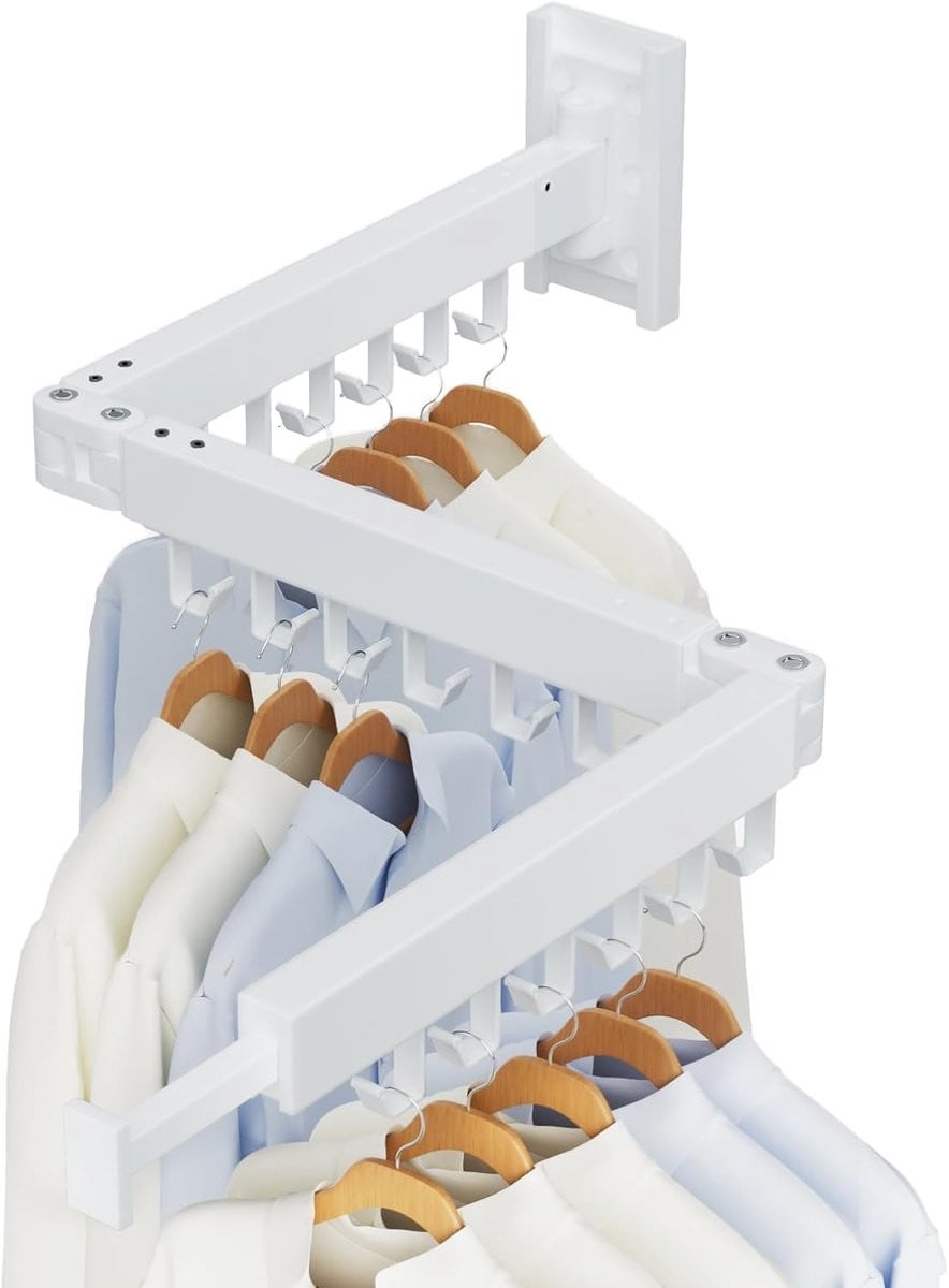 Ruimtebesparend uittrekbaar wasrek met haken - Wit - Aluminium - Wandmontage