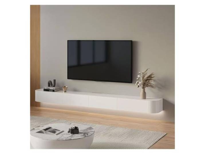 Schwimmender TV-Ständer aus massivem Holz, komplett montiertes TV-Regal Wandmontierte TV-Konsole mit Türen, Schubladen, Soft-Close-Schubladen, Medienkonsole
