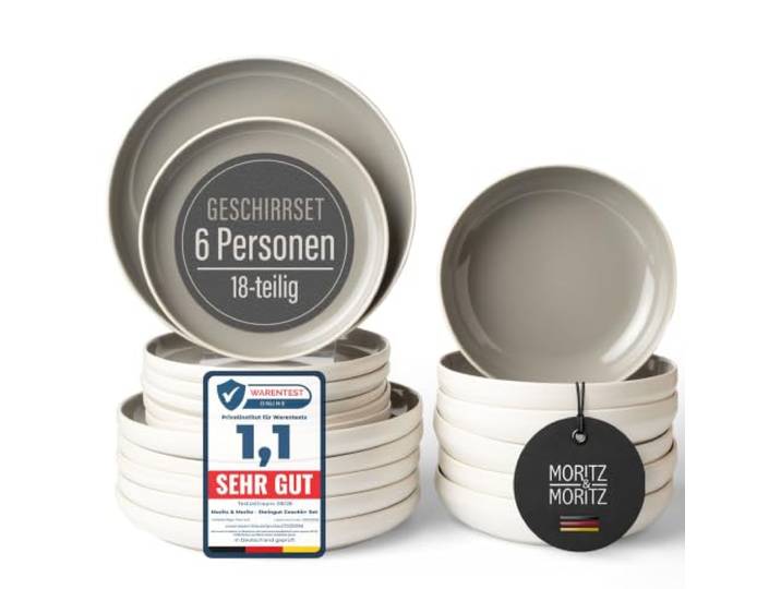 Moritz & Moritz Steingut Geschirr Set 6 Personen – 18-tlg. Teller Set mit Servierteller, Dessertteller & Suppenteller – Farbe Stone – Serie Cavo