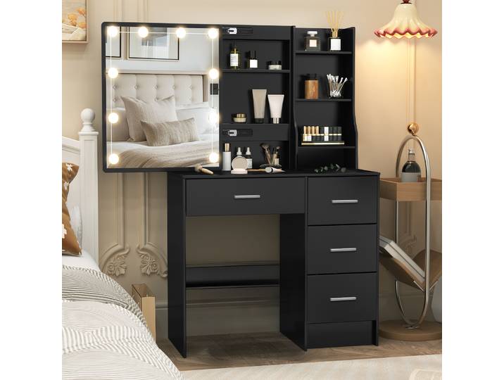 Table de coiffeuse noire avec miroir coulissant et 3 modèles de lumières LED, coiffeuse de maquillage