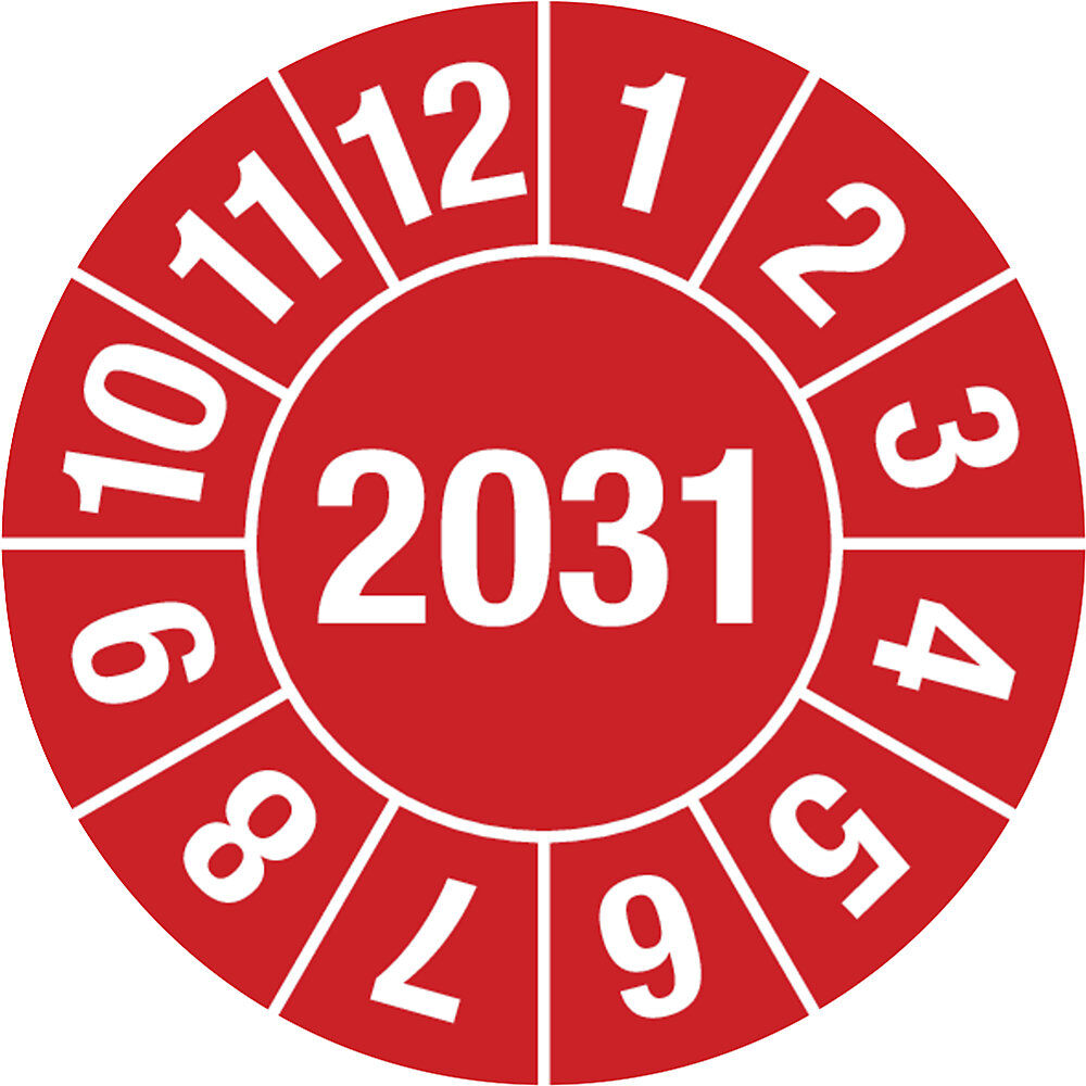 kaiserkraft Prüfplakette, Jahreszahl 4-stellig, Dokumentenfolie, Ø 15 mm, 2031, rot