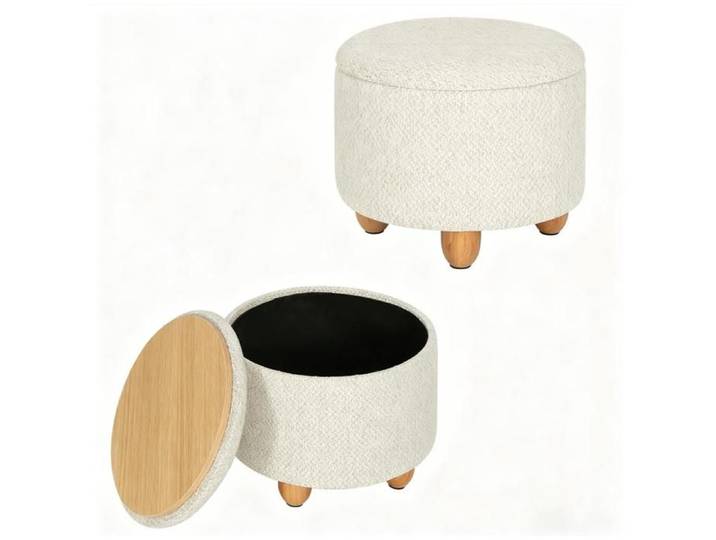 Tabouret de rangement rond – Pouf rembourré – Couvercle avec plateau en bois – Blanc crème 39 x 33 cm