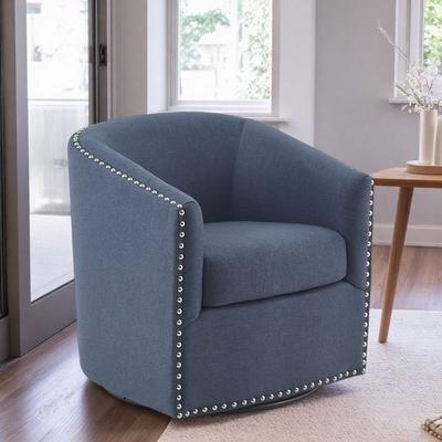 "28"" Polyester Swivel Barrel Chair with Barrel Back and Nailhead Trim and Metal Base and No Assembly"