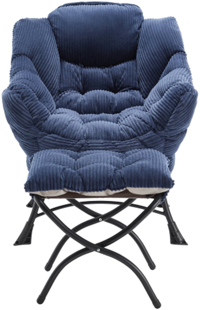 Moderne lounge fauteuil met ottomaan en zijzak, blauwe gestoffeerde leesstoel met voetensteun