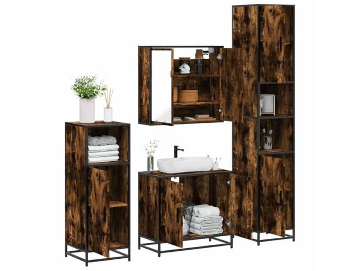ZQQLVOO 4-TLG. Badmöbel-Set Räuchereiche Holzwerkstoff mit Metallgestell Waschbeckenunterschrank, Spiegelschrank, Lowboard, Metallgestell, feuchtigkeitsbeständig, platzsparend, industrieller Stil