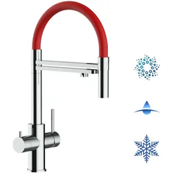 Kurzversion 47 cm - 5 Wege Wasserhahn Küchenarmatur, Edelstahl Massiv mit 360° schwenkbarem Auslauf, abnehmbare 2 strahl Handbrause, Hochglanz / Rot