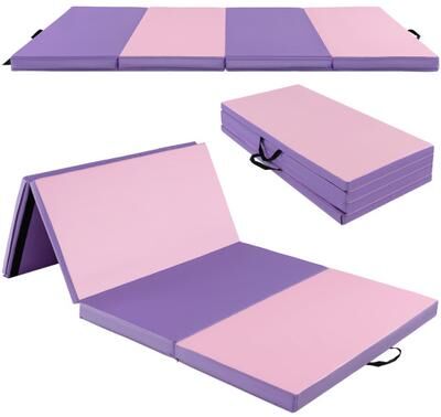 Costway Folding Gymnastics Mat with Carry Handles and Sweatproof Detachable PU Leather Cover-Pink
