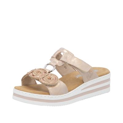 Pantolette RIEKER, Damen, Gr. 41, Textil, beige (roségoldfarben), Lederimitat, metallic, Schuhe Pantolette, Sommerschuh, Urlaubsschuh mit Glitzersteine, Metallic-Optik