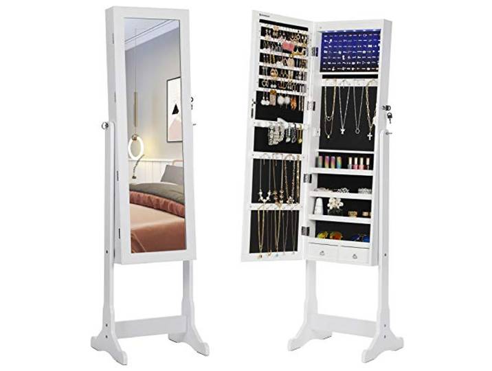 SONGMICS Armoire à Bijoux sur Pieds\, avec Serrure\, 2 Tiroirs Armoire de Rangement\, Miroir Toute-Longueur\, Blanc\, Collection BERIT JBC94W
