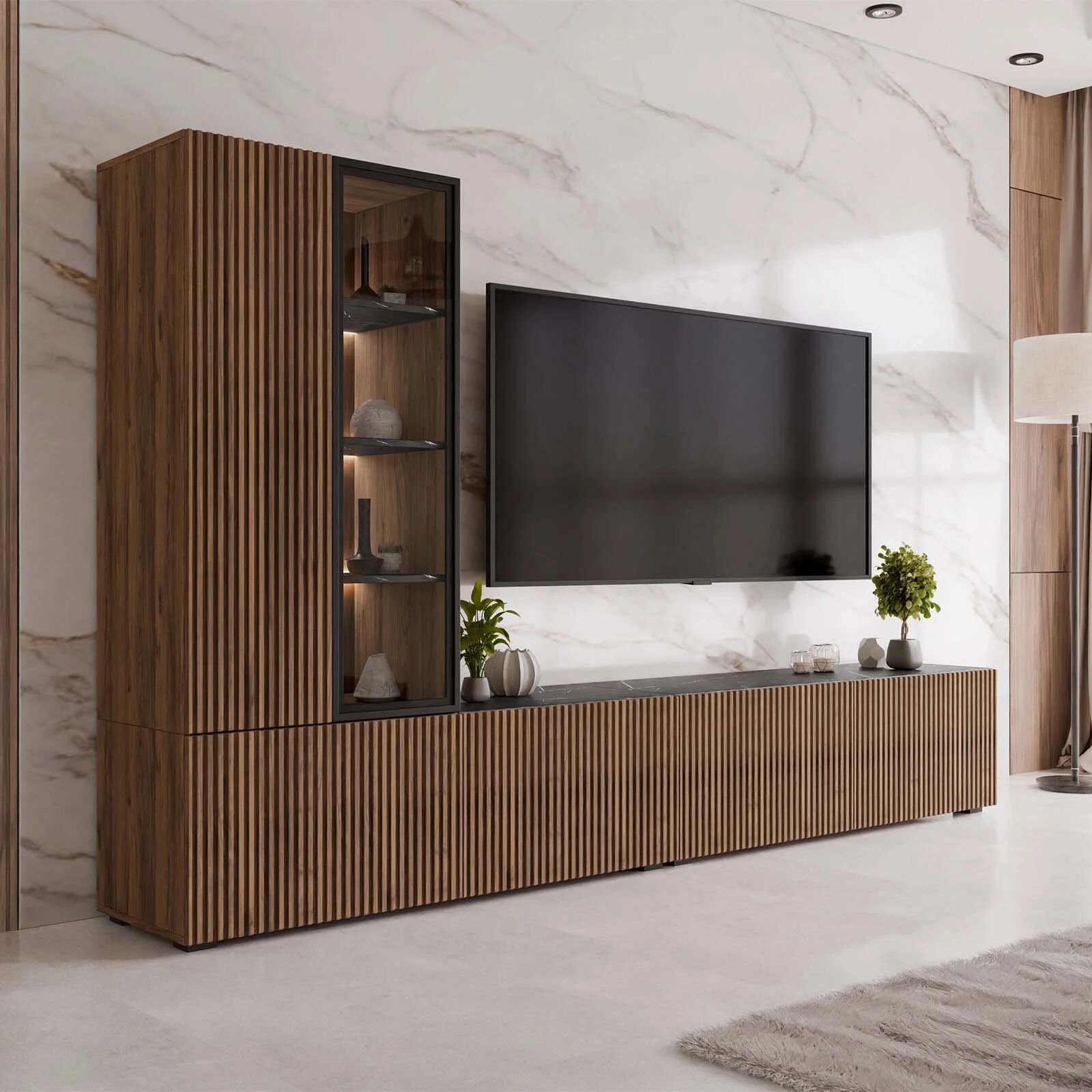 garneroarredamenti Parete attrezzata 260x155h cm con led noce cannettato nero effetto marmo Patty