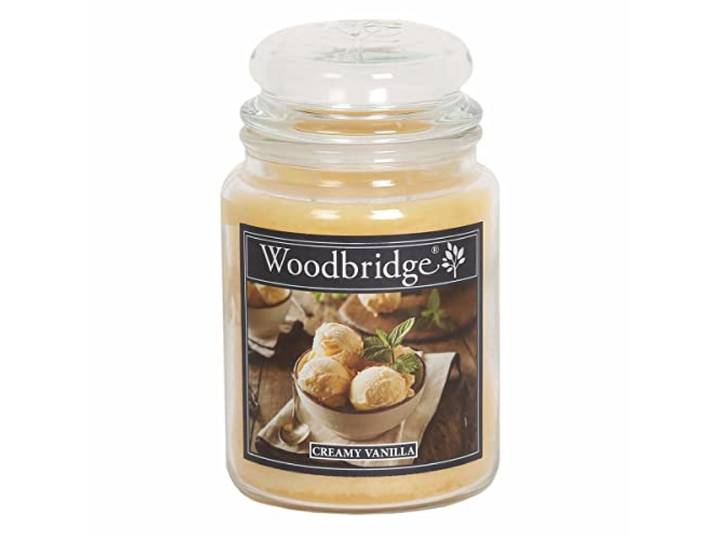 Woodbridge Bougie parfumée dans un pot\,Bougie parfumée vanille\,Grande bougie dans un pot avec couvercle\,Crème vanille (565 g)\,Bougie parfumée de Noël\,Bougie en verre avec longue durée de combustion