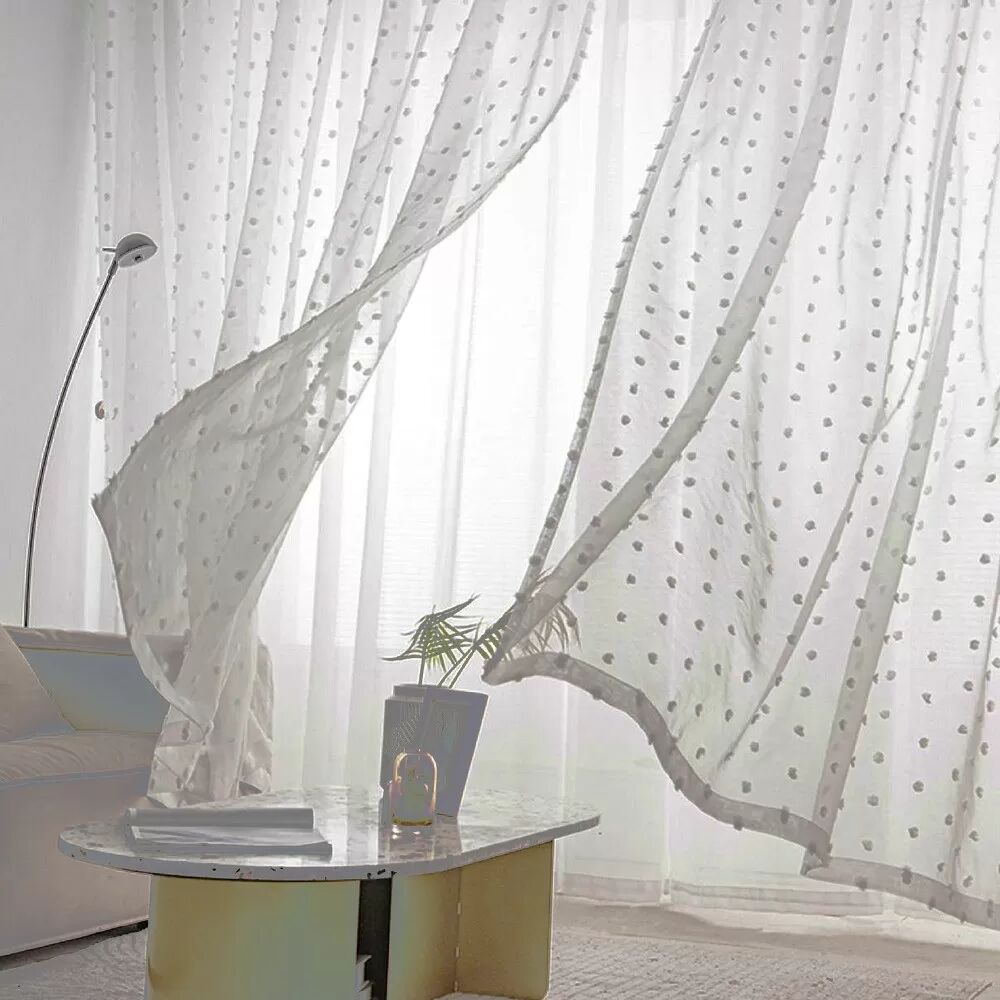 INF 2er-Set Punkt Pompon Gardinen – Ösen-Voile-Fensterpaneele M Grau