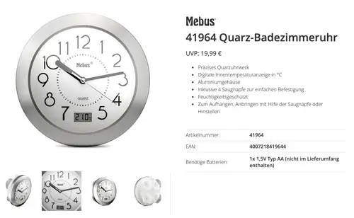 Mebus 41964 Quarz Wanduhr Aluminium Badezimmer-/Feuchtraum geeignet