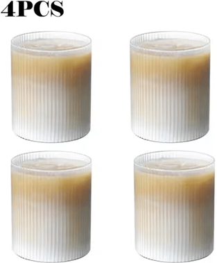 Uplift Curations Japanese Striped Glass Coffee Cup 300ml Transparent Bubble Tea & Whiskey Tumbler 4pcs