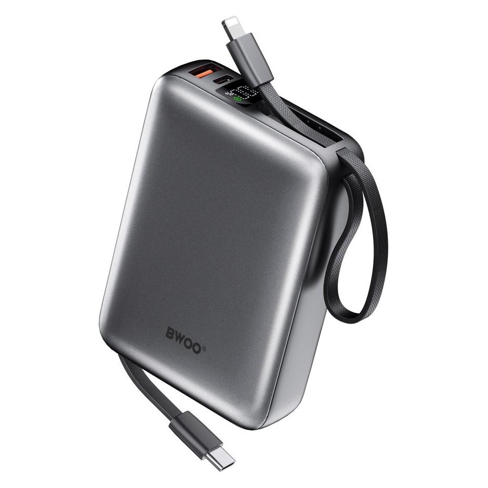 Bwoo power bank P73 22.5W 10000 mAh with 2 built-in cables 1 x USB-C 1 x Lightning black (20000 mAh, 22.50 W) (60951779)