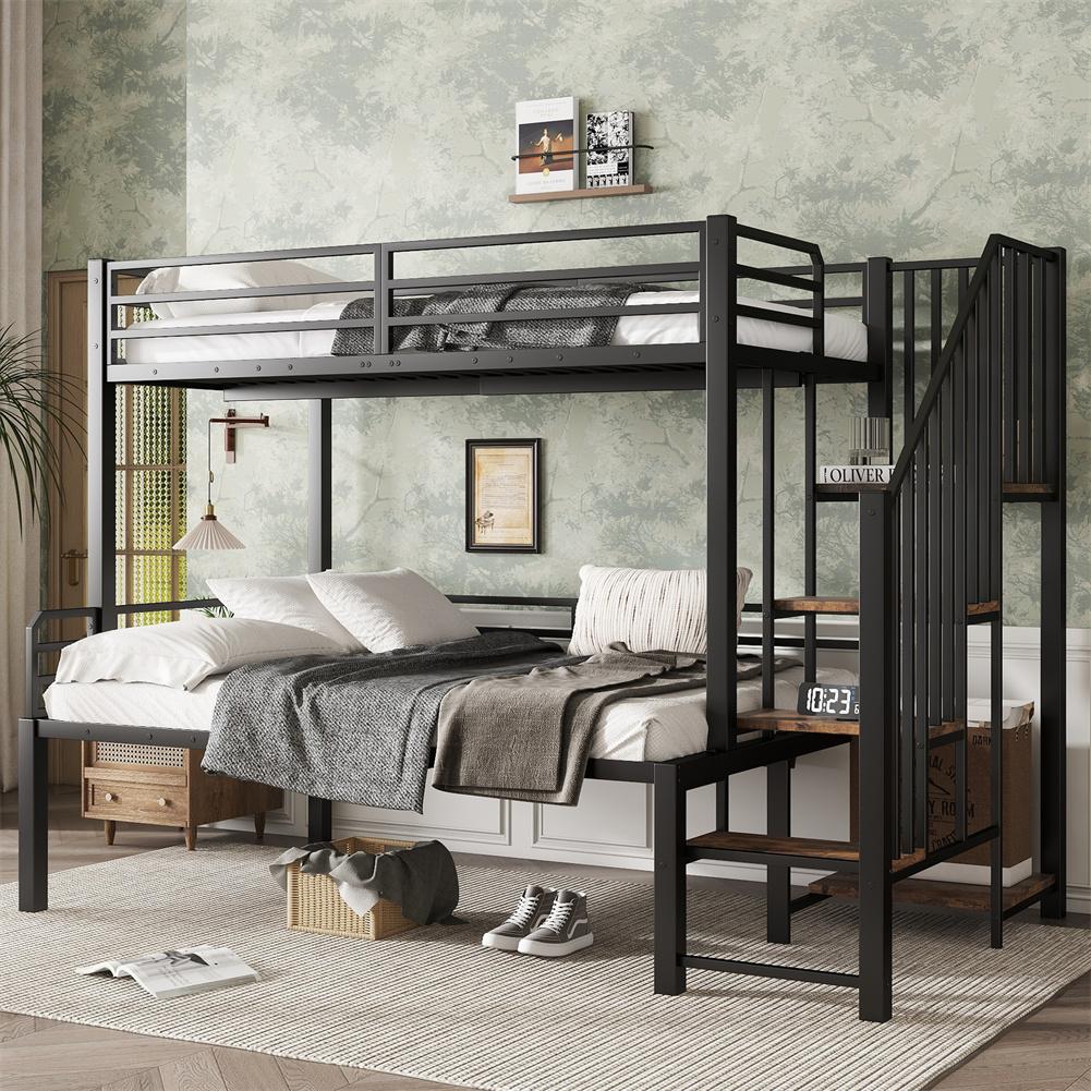 Sweiko Etagenbett 90x200cm+120x200cm, Eckleiterschrank mit Stauraum, Eisenbett,Eisen+MDF, Schwarz