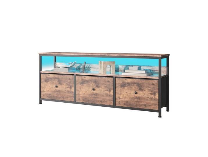 Shopentra LED Tv-Tisch 137cm Tigerholzoptik Vintage Stoffschubladen, Mehrfarbig, 29.8x57x137 cm, Wohnzimmer, TV Möbel, Lowboards, Lowboards stehend