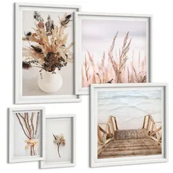 BILDER SET 5er Set - 50x50 cm & 20x30 cm & 40x60 cm Weißer Rahmen - Blumenzweige Minimalismus Natur