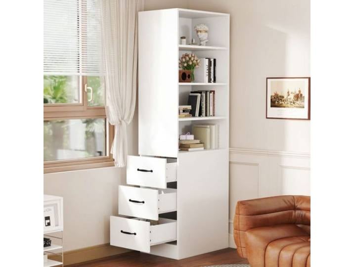 Bibliothèque scandinave étroite hauteur 180 cm 4 compartiments et 3 tiroirs position réglable gauche ou droite