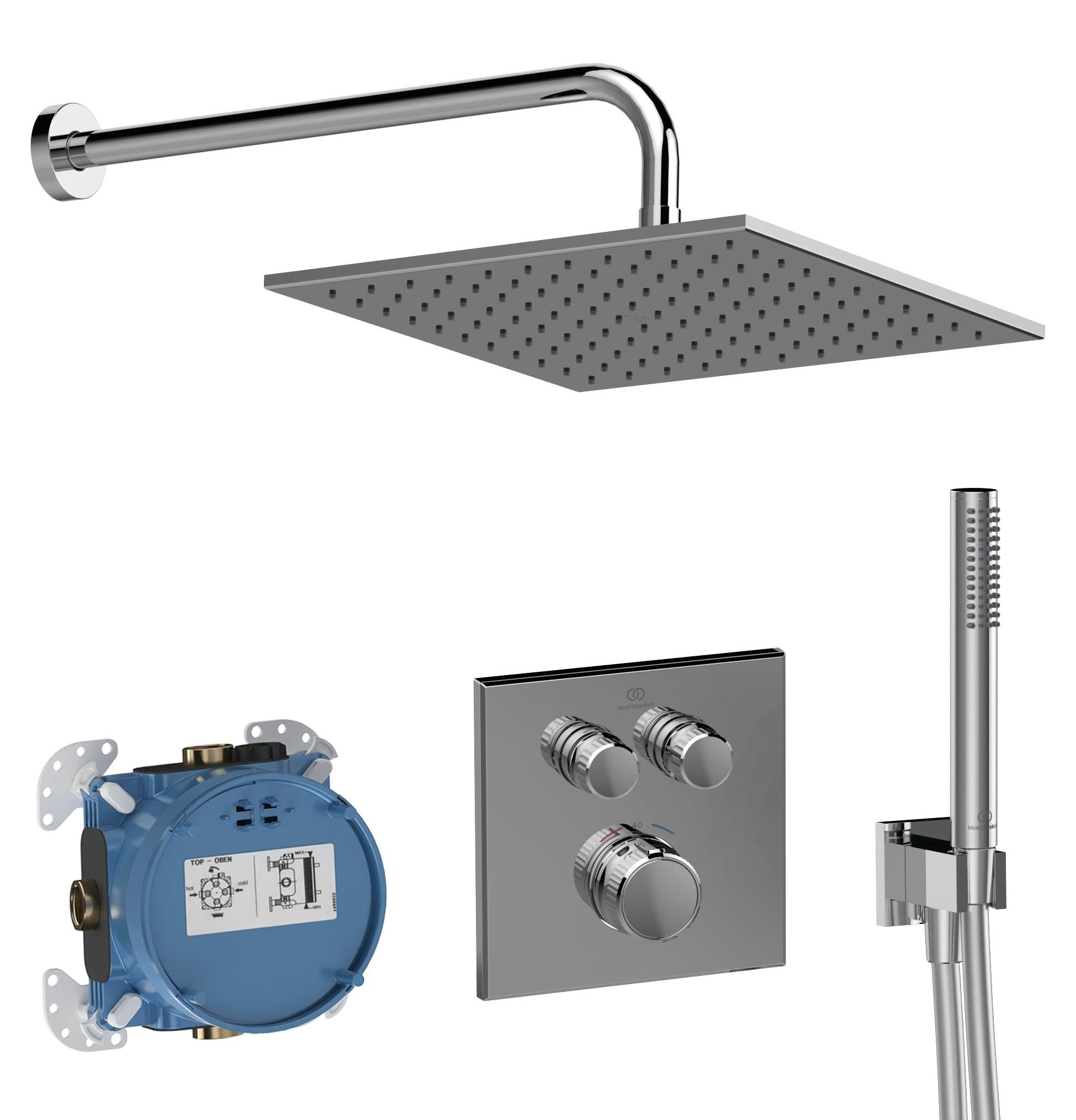 6-teilige Duschset, Thermostat, eckig, Chrom, Wandmontage