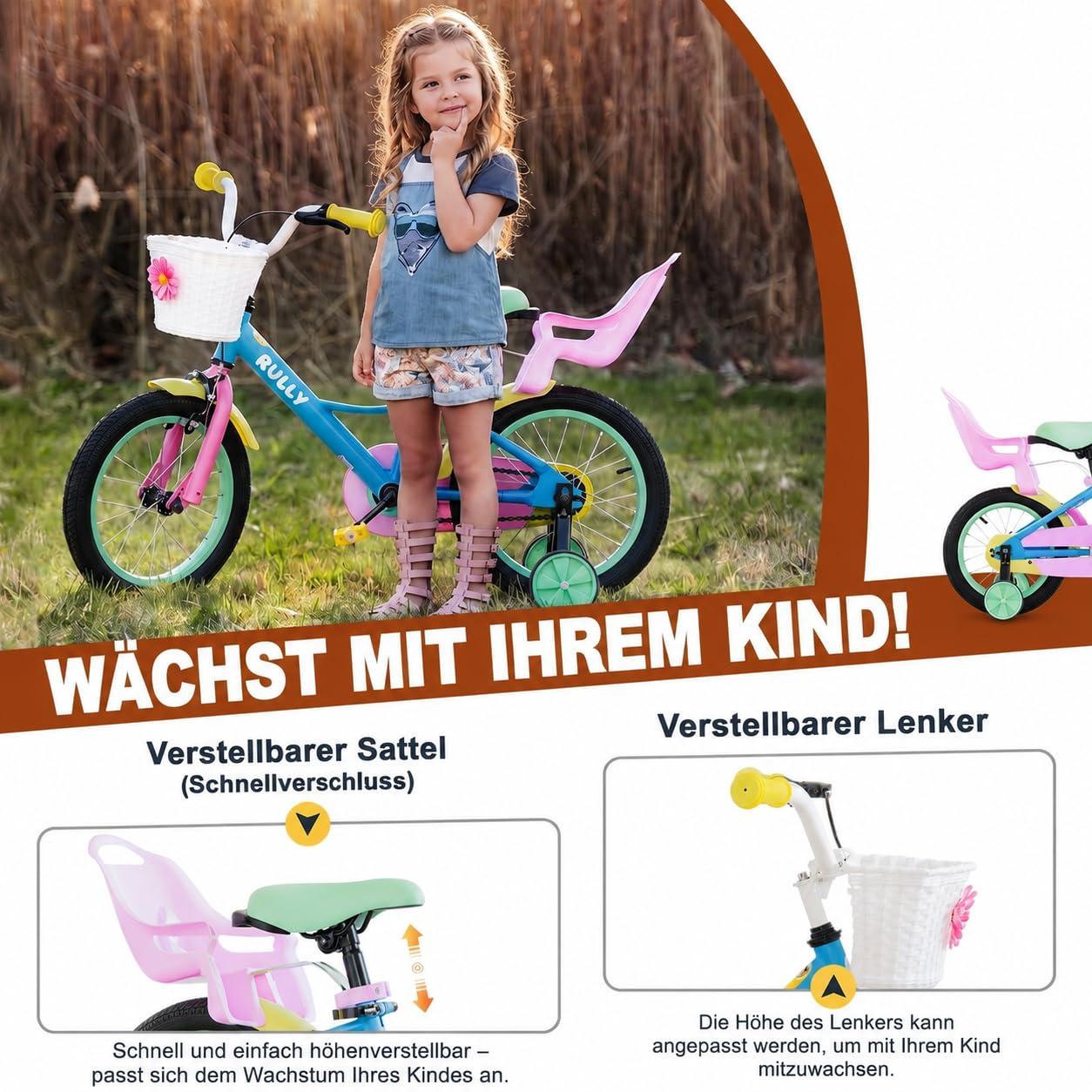 Kinderfahrrad 12-16 Zoll, Mädchen, Stützräder, Rücktrittbremse
