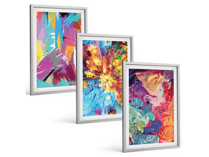 BILDER SET 3er Set - 40x60 cm Silberner Rahmen - Bunte abstrakte Farbmuster