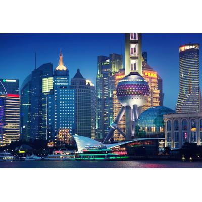 Fototapete PAPERMOON "SHANGHAI-STADT CHINA SKYLINE BRÜCKEN UFER FLUSS STRAND", bunt, B:5m L:2,8m, Vlies, Tapeten