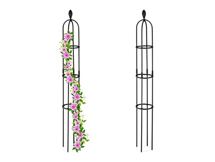 Relaxdays Rankhilfe Obelisk, 2er Set, 160x20 cm, Ranksäule für Kletterpflanzen, Metall, freistehend, Rosenturm, schwarz