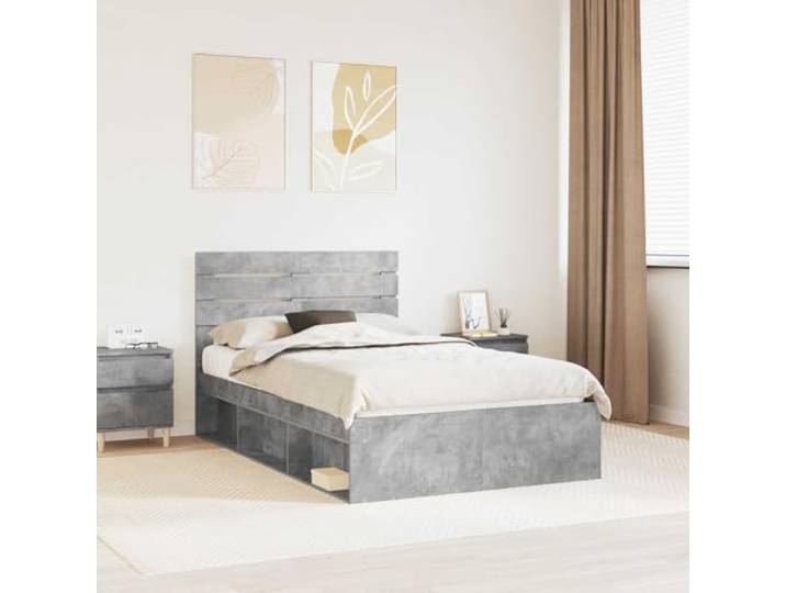 Massives Kiefernholz Modernes Design Bettgestell Grau 120 x 190 cm Bettrahmen mit Kopfteil Beton 120x190 cm Massives Kiefernholz Stabiler Lattenrost Schlafzimmer Moebel Modern