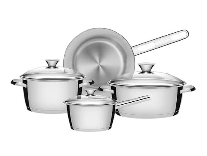 Tramontina 4-teiliges Kochgeschirr-Set aus Edelstahl spülmaschinenfeste Pfannen mit Glasdeckel Induktionsbereit Stielkasserolle, Bratpfanne und Aufläufe