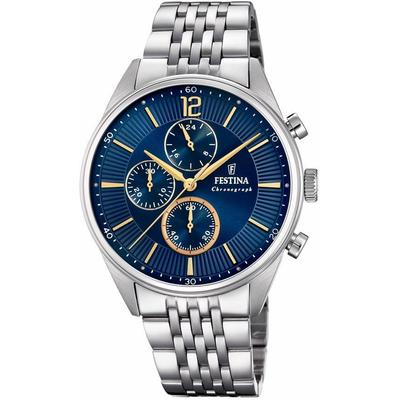 Chronograph FESTINA "Timeless Chronograph", blau (silberfarben, blau, blau), Armbanduhren, Herren, silberfarben, Chronograph, Armbanduhr, Quarzuhr, Herrenuhr, Stoppfunktion, Edelstahlarmband