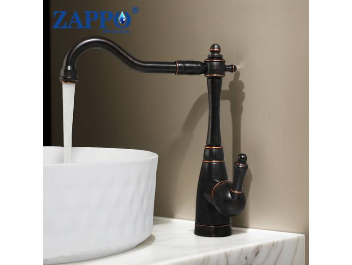 ZAPPO ORB Robinet d'évier de salle de bain noir 360 ° Mélangeur d'eau froide et chaude à poignée unique, bec pivotant, robinet de lavabo en laiton de Style Vintage