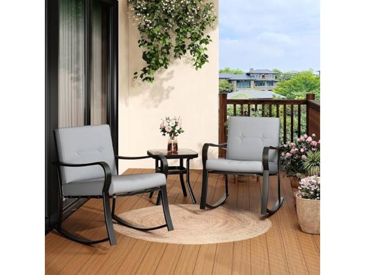 GarveeMore Gartenmöbel-Set, Balkonmöbel, 2 Schaukelstühle Mit Tisch, Gepolsterte Kissen, Terrassenmöbel, Gartengarnitur, Sitzgruppe Für Balkon, Garten, Terrasse