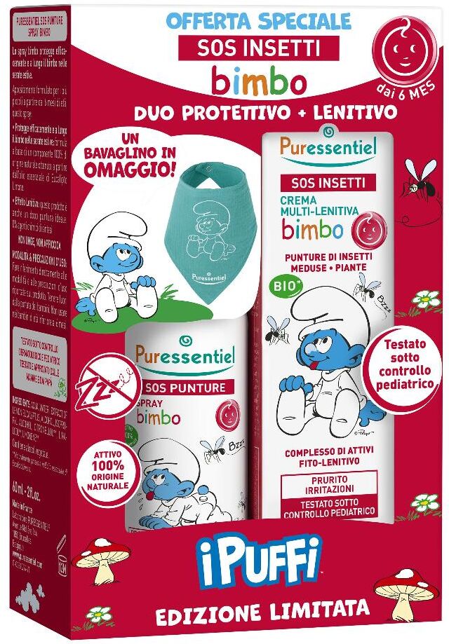 PURESSENTIEL ITALIA Srl SOS Insetti I Puffi set bimbo spray 60 ml + crema lenitiva 30 ml + bavaglino in omaggio
