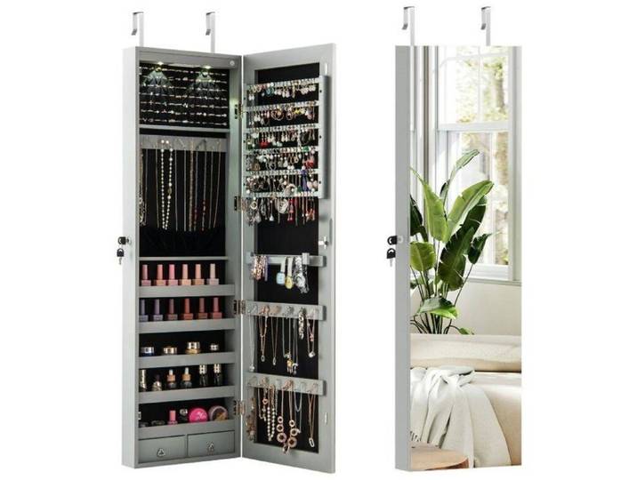 Armoire à Bijoux Murale - RELAX4LIFE - Éclairage LED - Porte avec Serrure - 2 Tiroirs - Peu Encombrante - 35 5X10X120CM - Gris