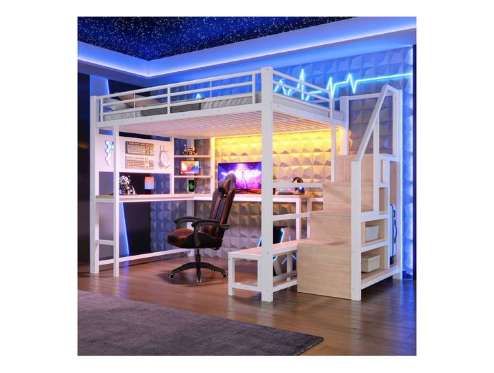 Flieks Hochbett Metallbett 140x200cm mit LED-Leiste Aufladen Schreibtisch Stautreppe