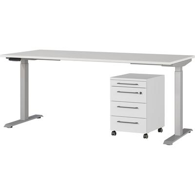 Büromöbel-Set GERMANIA "Agenda", silber (lichtgrau, silber), B:180cm T:80cm, Holzwerkstoff, Kunststoff, Metall, Arbeitsmöbel-Sets, Büromöbel-Set, Set bestehend aus höhenverstellbarem Schreibtisch und Rollcontainer