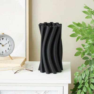 ARCILLA ELEMENTAL Black Ceramic Curvy Ribbed Abstract Vase with Floral Shaped Rim